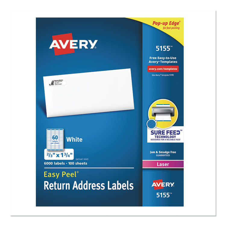 Easy Peel White Address Labels W/ Sure Feed Technology, Laser Printers, 0.66 X 1.75, White, 60/sheet, 100 Sheets/pack 1