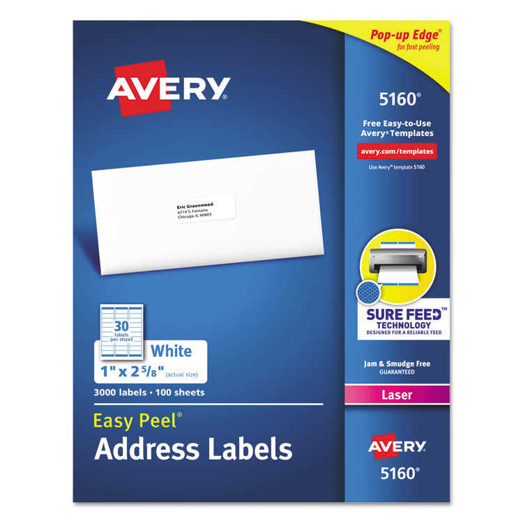 Easy Peel White Address Labels W/ Sure Feed Technology, Laser Printers, 1 X 2.63, White, 30/sheet, 100 Sheets/box 1