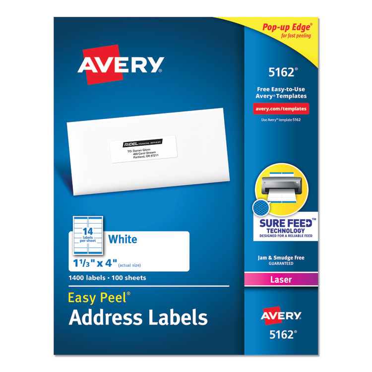 Easy Peel White Address Labels W/ Sure Feed Technology, Laser Printers, 1.33 X 4, White, 14/sheet, 100 Sheets/box 1