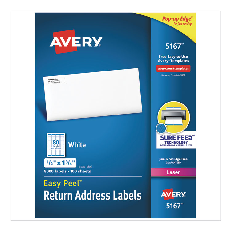 Easy Peel White Address Labels W/ Sure Feed Technology, Laser Printers, 0.5 X 1.75, White, 80/sheet, 100 Sheets/box 1