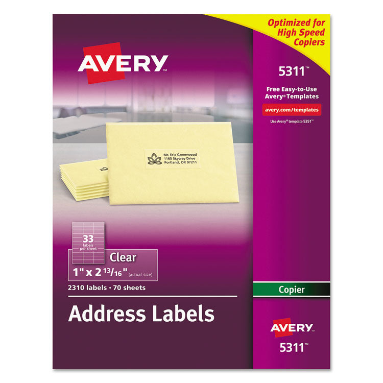 Copier Mailing Labels, Copiers, 1 X 2.81, Clear, 33/sheet, 70 Sheets/pack 1