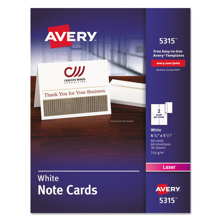 Note Cards with Matching Envelopes, Laser, 80 lb, 4.25 x 5.5, Uncoated White, 60 Cards, 2 Cards/Sheet, 30 Sheets/Pack 1