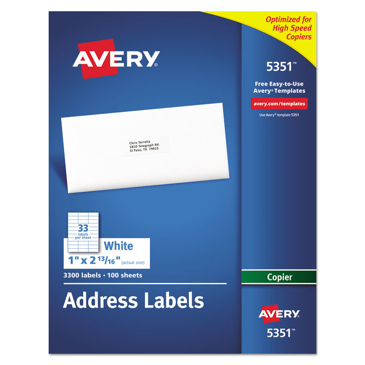 Copier Mailing Labels, Copiers, 1 X 2.81, White, 33/sheet, 100 Sheets/box 1