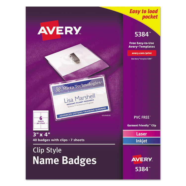 Clip-Style Name Badge Holder With Laser/inkjet Insert, Top Load, 4 X 3, White, 40/box 1