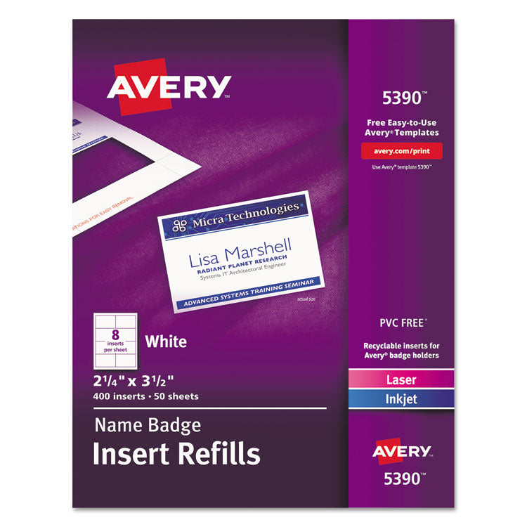 Name Badge Insert Refills, Horizontal/vertical, 2 1/4 X 3 1/2, White, 400/box 1