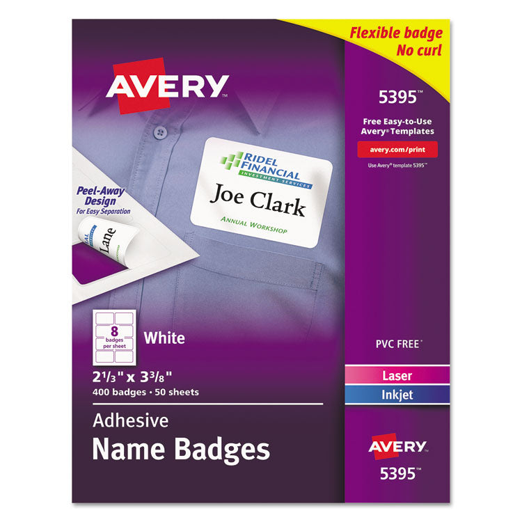 Flexible Adhesive Name Badge Labels, 3.38 X 2.33, White, 400/box 1