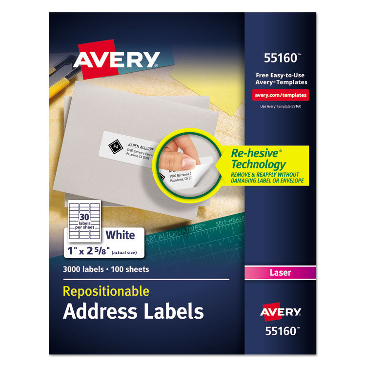 Repositionable Address Labels w/SureFeed, Laser, 1 x 2.63, White, 3000/Box 1