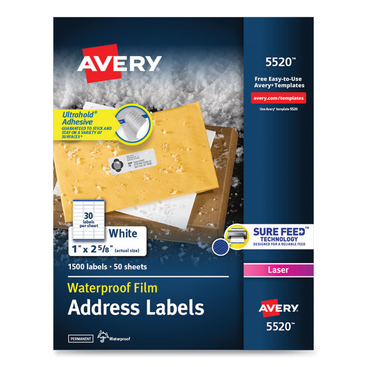 Waterproof Address Labels With Trueblock And Sure Feed, Laser Printers, 1 X 2.63, White, 30/sheet, 50 Sheets/pack 1