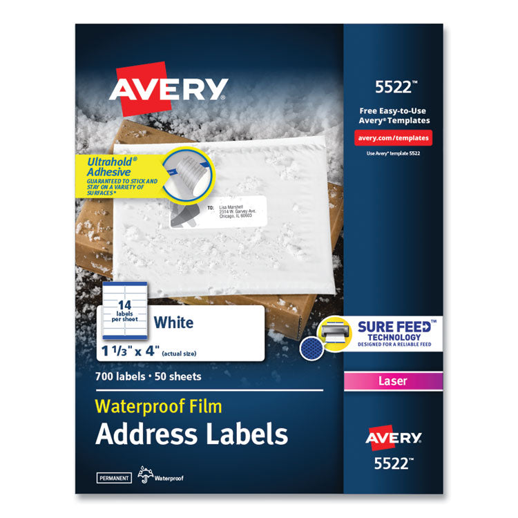 Waterproof Address Labels With Trueblock And Sure Feed, Laser Printers, 1.33 X 4, White, 14/sheet, 50 Sheets/pack 1