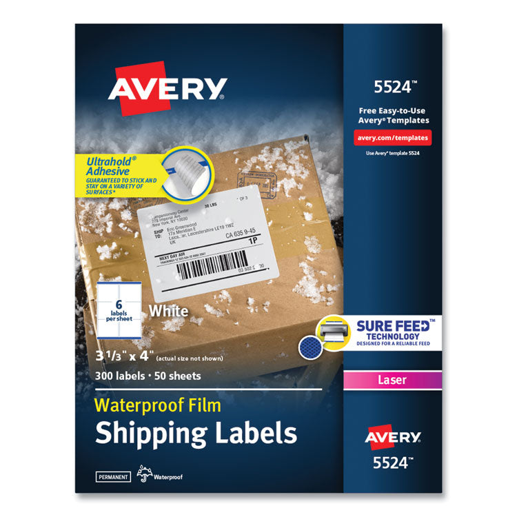 Waterproof Shipping Labels With Trueblock And Sure Feed, Laser Printers, 3.33 X 4, White, 6/sheet, 50 Sheets/pack 1