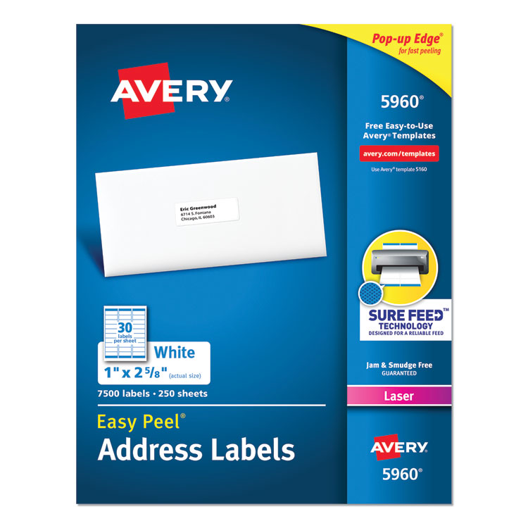 Easy Peel White Address Labels W/ Sure Feed Technology, Laser Printers, 1 X 2.63, White, 30/sheet, 250 Sheets/pack 1