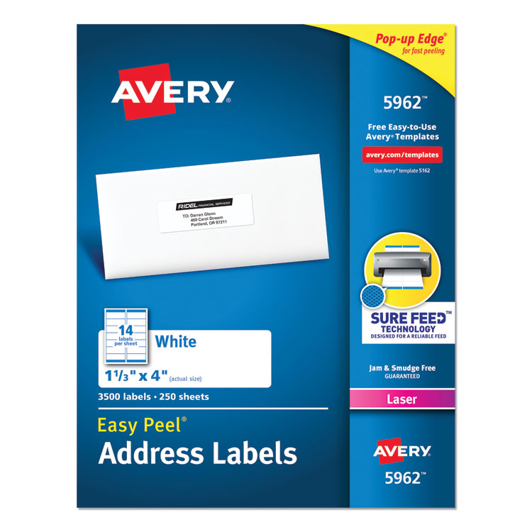 Easy Peel White Address Labels W/ Sure Feed Technology, Laser Printers, 1.33 X 4, White, 14/sheet, 250 Sheets/box 1