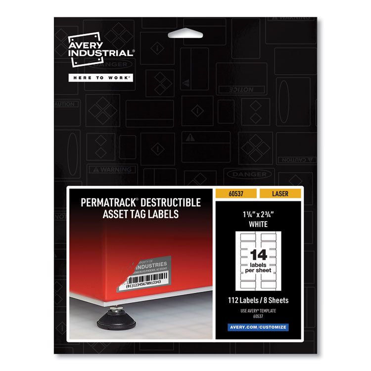 Permatrack Destructible Asset Tag Labels, Laser Printers, 1.25 X 2.75, White, 14/sheet, 8 Sheets/pack 1