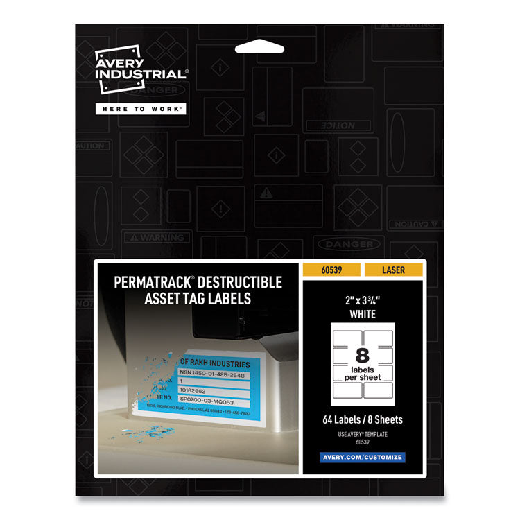 Permatrack Destructible Asset Tag Labels, Laser Printers, 2 X 3.75, White, 8/sheet, 8 Sheets/pack 1