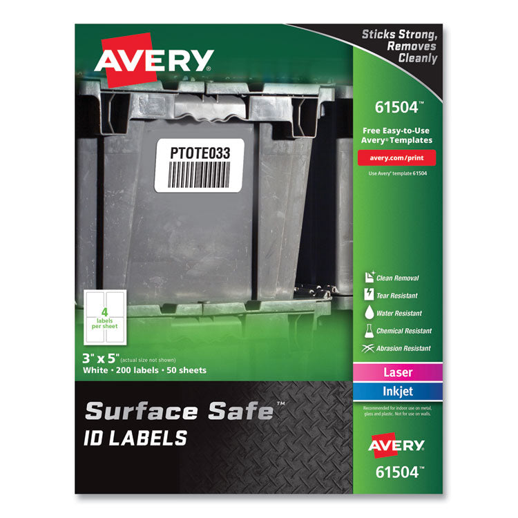 Surface Safe ID Labels, 3 x 5, White, 4/Sheet, 50 Sheets/Box 1