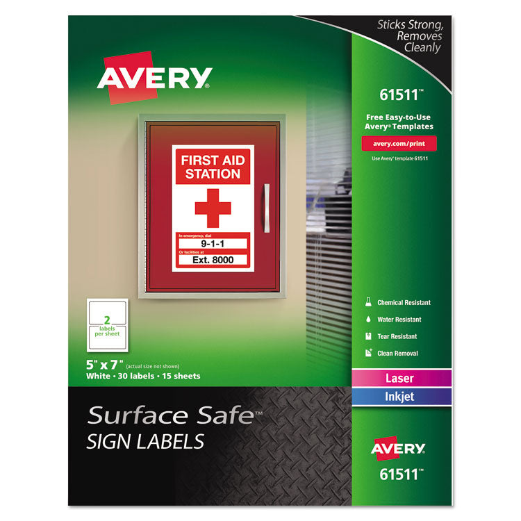 Surface Safe Removable Label Safety Signs, Inkjet/laser Printers, 5 X 7, White, 2/sheet, 15 Sheets/pack 1