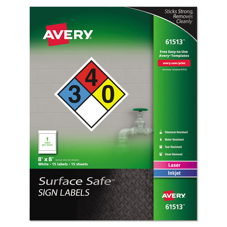 Surface Safe Removable Label Safety Signs, Inkjet/laser Printers, 8 X 8, White, 15/pack 1