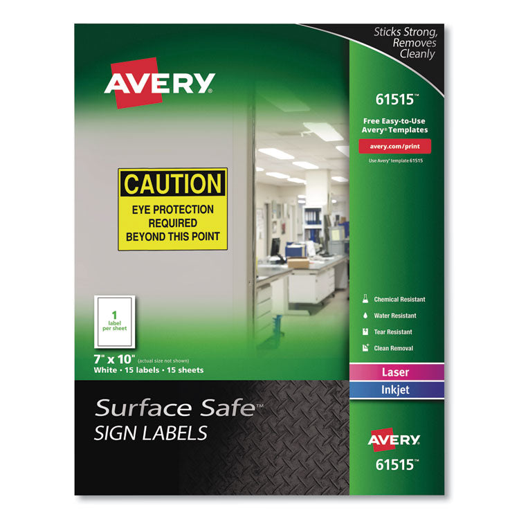 Surface Safe Removable Label Safety Signs, Inkjet/laser Printers, 7 X 10, White, 15/pack 1