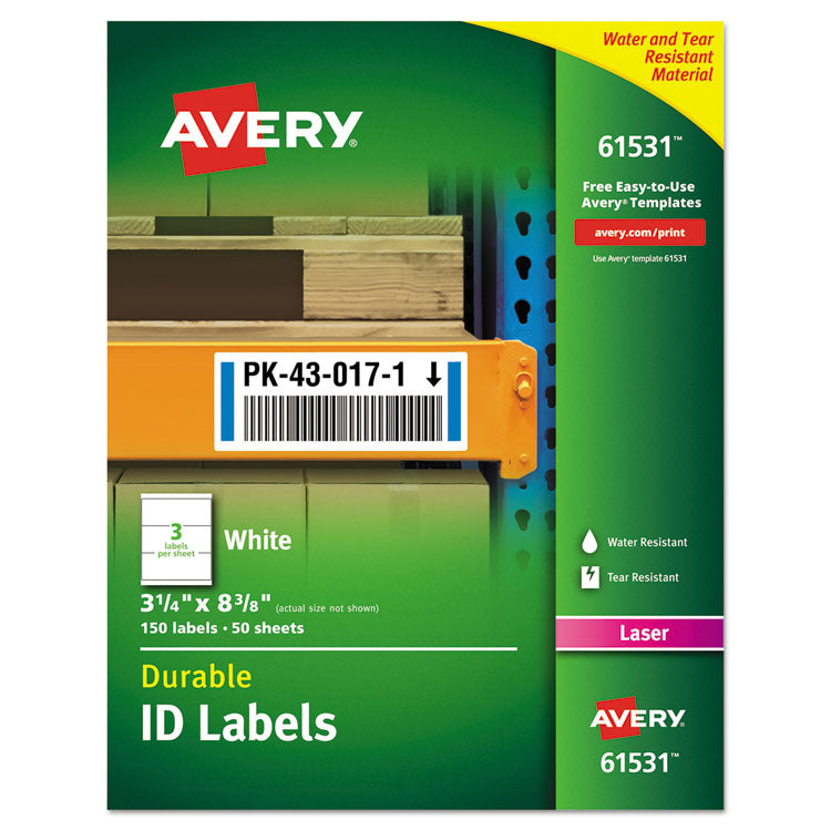 Durable Permanent Id Labels With Trueblock Technology, Laser Printers, 3.25 X 8.38, White, 3/sheet, 50 Sheets/pack 1