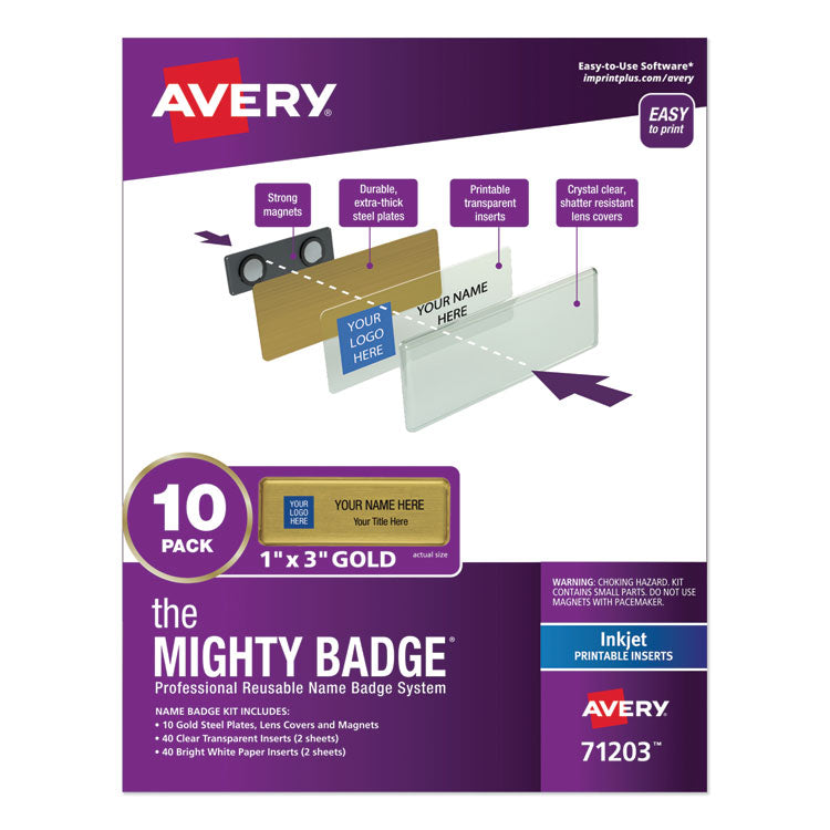 The Mighty Badge Name Badge Holder Kit, Horizontal, 3 X 1, Inkjet, Gold, 10 Holders/ 80 Inserts 1