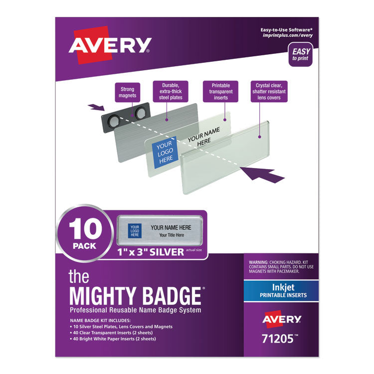 The Mighty Badge Name Badge Holder Kit, Horizontal, 3 X 1, Inkjet, Silver, 10 Holders/ 80 Inserts 1