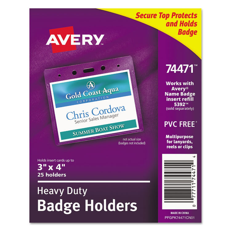 Secure Top Heavy-Duty Badge Holders, Horizontal, 4w X 3h, Clear, 25/pack 1