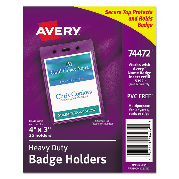 Secure Top Heavy-Duty Badge Holders, Vertical, 3w X 4h, Clear, 25/pack 1