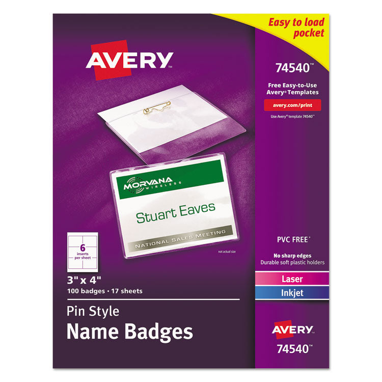 Pin-Style Badge Holder With Laser/inkjet Insert, Top Load, 4 X 3, White, 100/box 1