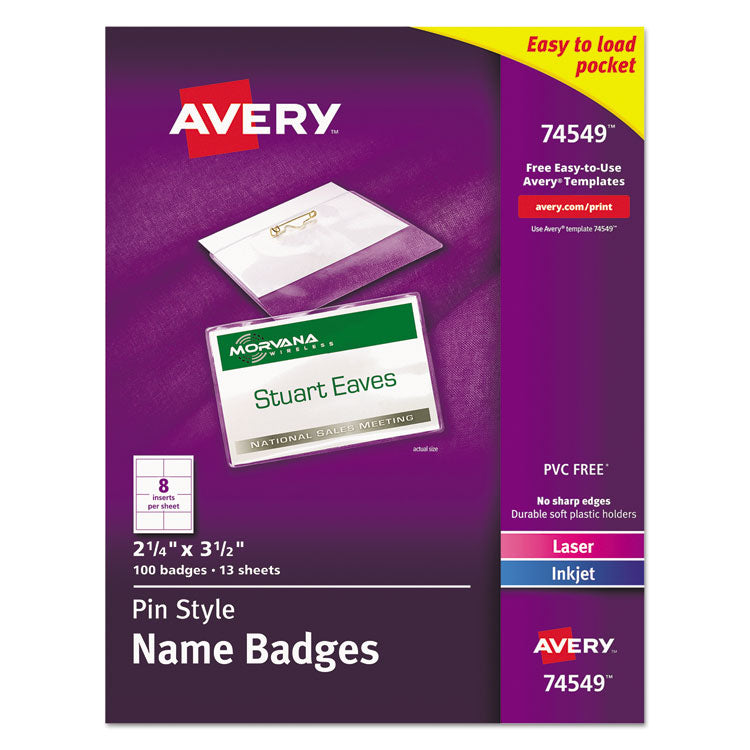 Pin-Style Badge Holder With Laser/inkjet Insert, Top Load, 3.5 X 2.25, White, 100/box 1