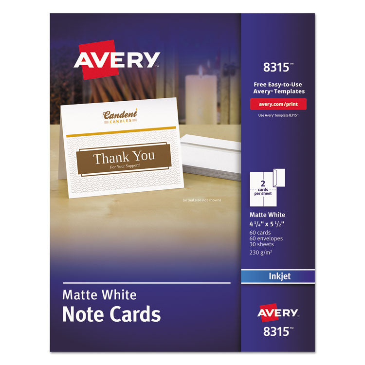 Note Cards With Matching Envelopes, Inkjet, 85 Lb, 4.25 X 5.5, Matte White, 60 Cards, 2 Cards/sheet, 30 Sheets/pack 1