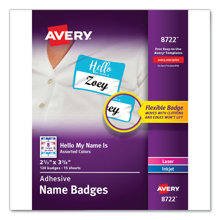 Flexible Adhesive Name Badge Labels, "hello", 3 3/8 X 2 1/3, Assorted, 120/pk 1