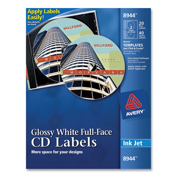 Inkjet Full-Face Cd Labels, Glossy White, 20/pack 1