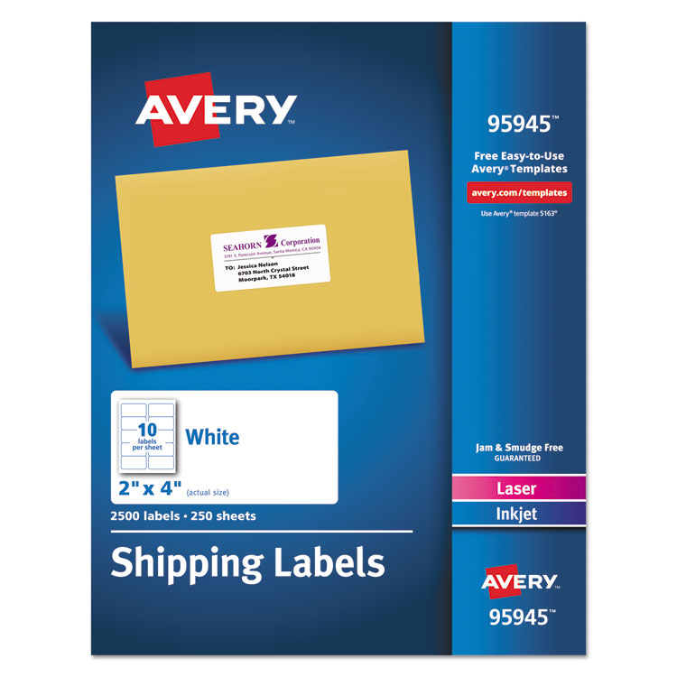 White Shipping Labels-Bulk Packs, Inkjet/laser Printers, 2 X 4, White, 10/sheet, 250 Sheets/box 1