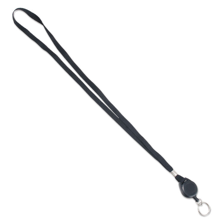 Lanyards with Retractable ID Reels, Metal Split Ring Fastener, 34" Long, Black, 12/Pack 1