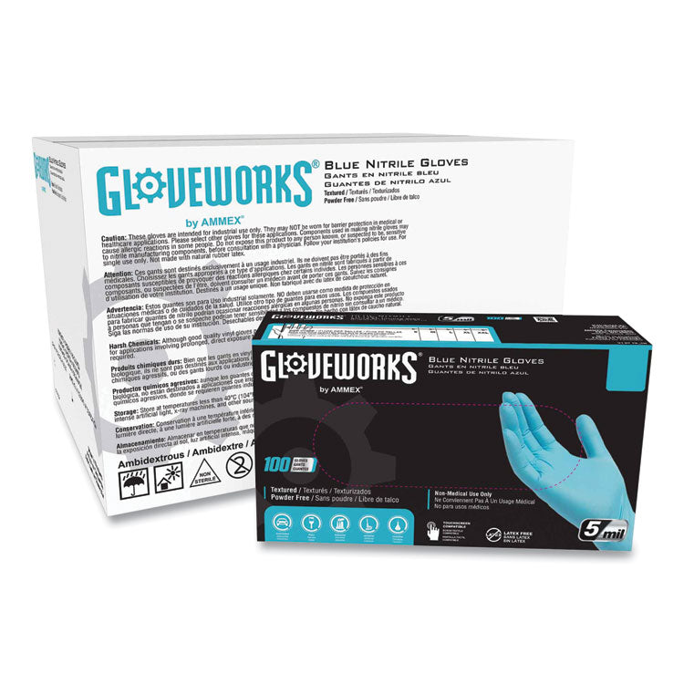 Industrial Nitrile Gloves, Powder-Free, 5 mil, Medium, Blue, 100/Box, 10 Boxes/Carton 1