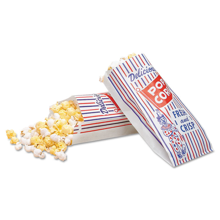 Pinch-Bottom Paper Popcorn Bag, 4 x 1.5 x 8, Blue/Red/White, Paper, 1,000/Carton 1