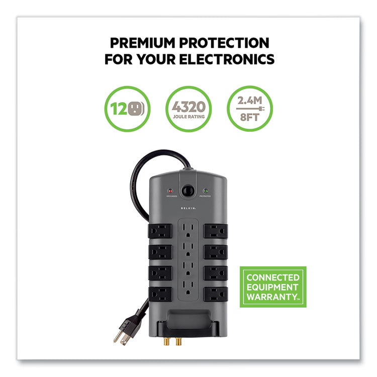 Pivot Plug Surge Protector, 12 AC Outlets, 8 ft Cord, 4,320 J, Gray 2