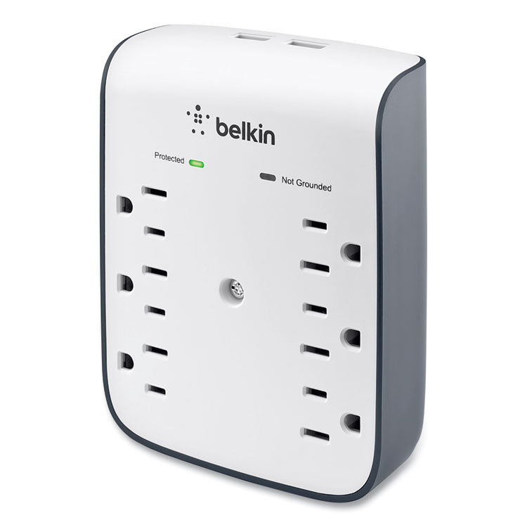 SurgePlus USB Wall Mount Charger, 6 AC Outlets/2 USB Ports, 900 J, White/Black 5