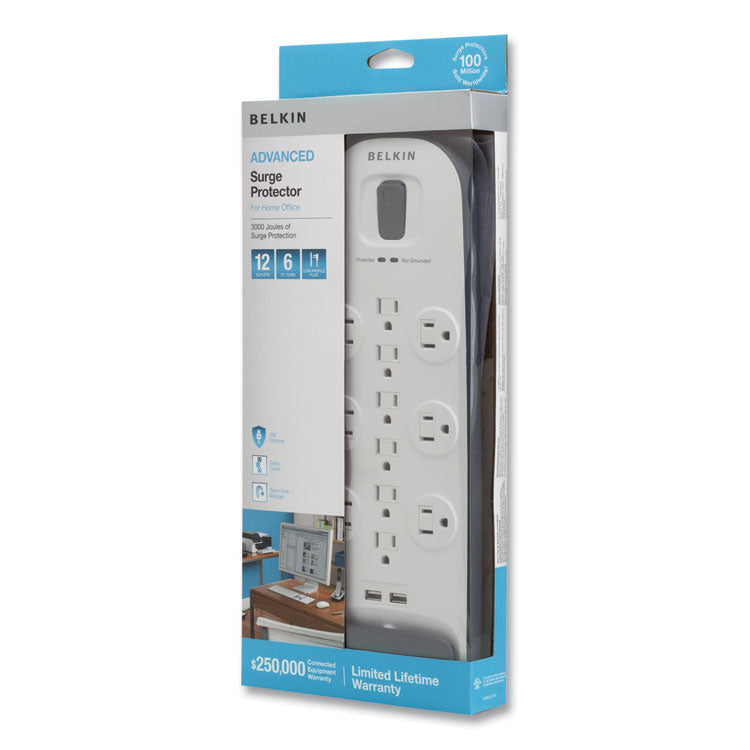 Home/Office Surge Protector, 12 AC Outlets, 6 ft Cord, 3,996 J, White/Black 8