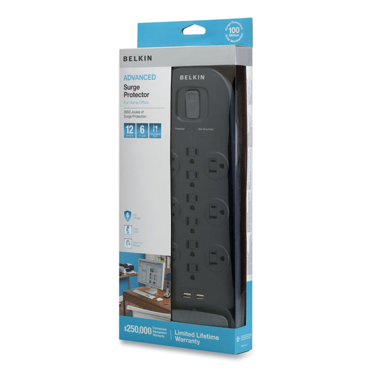 Home/Office Surge Protector, 12 AC Outlets, 6 ft Cord, 3,996 J, White/Black 9