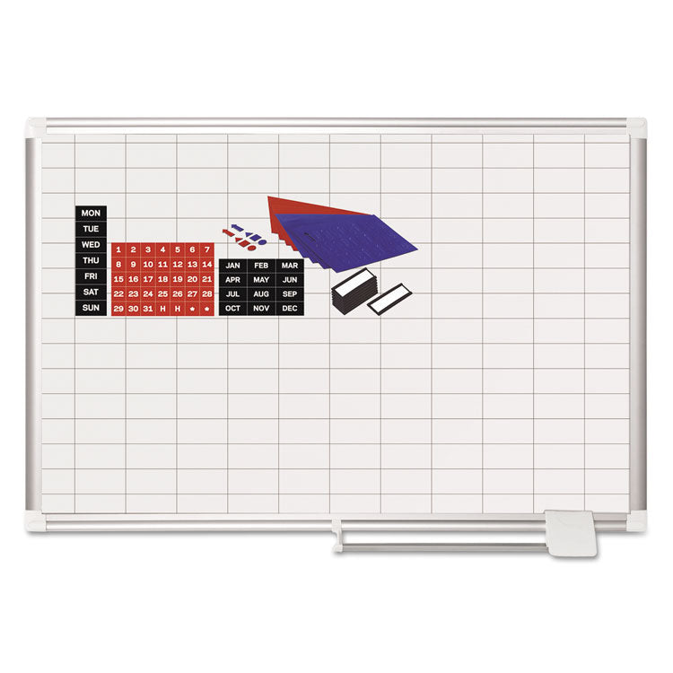 Gridded Magnetic Steel Dry Erase Planning Board with Accessories, 1 x 2 Grid, 36 x 24, White Surface, Silver Aluminum Frame 1