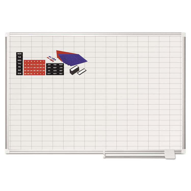 Gridded Magnetic Steel Dry Erase Planning Board with Accessories, 1 x 2 Grid, 48 x 36, White Surface, Silver Aluminum Frame 2