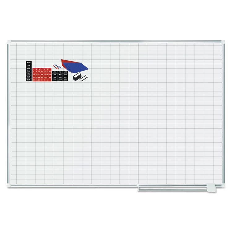 Gridded Magnetic Steel Dry Erase Planning Board with Accessories, 1 x 2 Grid, 72 x 48, White Surface, Silver Aluminum Frame 1