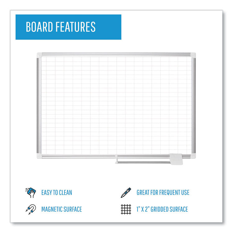 Gridded Magnetic Steel Dry Erase Planning Board, 1 x 2 Grid, 72 x 48, White Surface, Silver Aluminum Frame 4