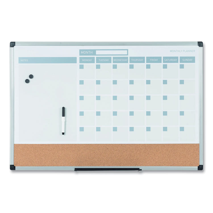 3-in-1 Planner Board, 24 x 18, Tan/White/Blue Surface, Silver Aluminum Frame 1