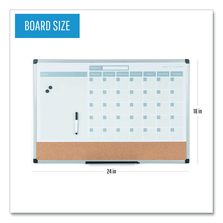 3-in-1 Planner Board, 24 x 18, Tan/White/Blue Surface, Silver Aluminum Frame 2