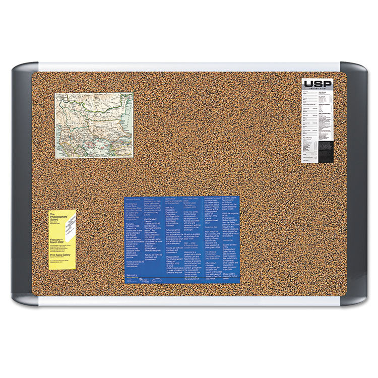 Tech Cork Board, 36 x 24, Tan Surface, Silver/Black Aluminum Frame 1