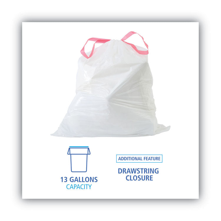 Drawstring Kitchen Bags, 13 Gal, 0.8 Mil, White, 50 Bags/roll, 2 Rolls/carton 2