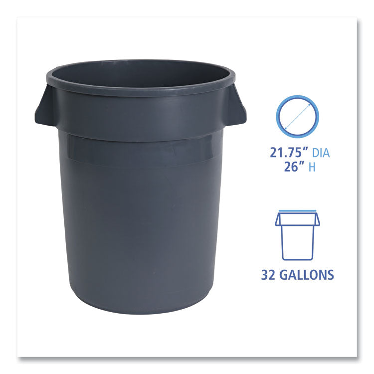 Round Waste Receptacle, 32 gal, Linear-Low-Density Polyethylene, Gray 2