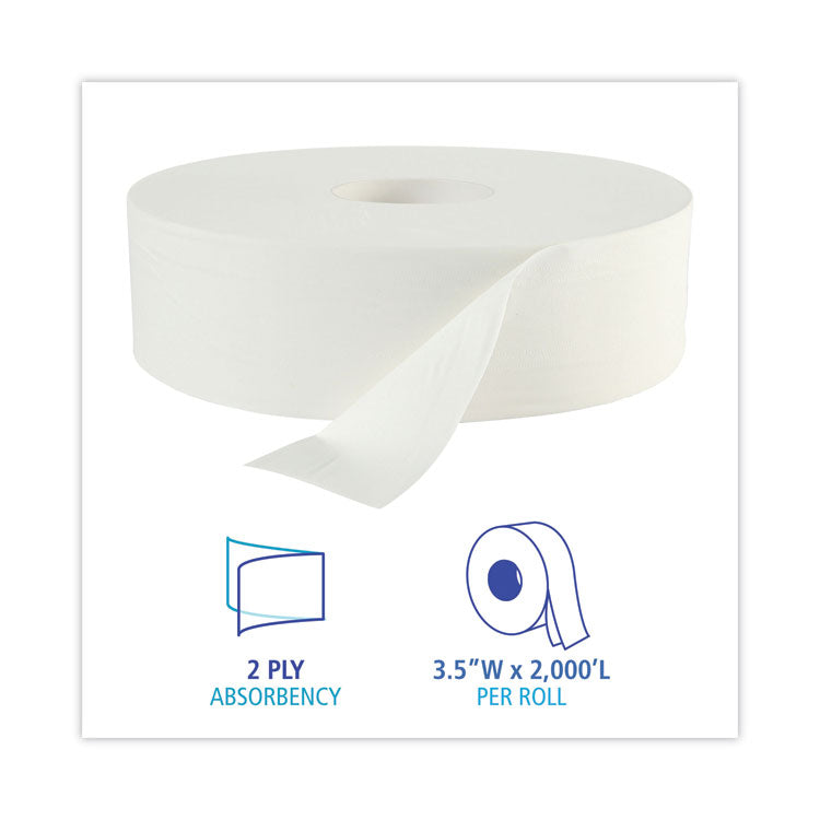 JRT Bath Tissue, Jumbo, Septic Safe, 2-Ply, White, 3.5" x 2,000 ft, 12" dia, 6 Rolls/Carton 3